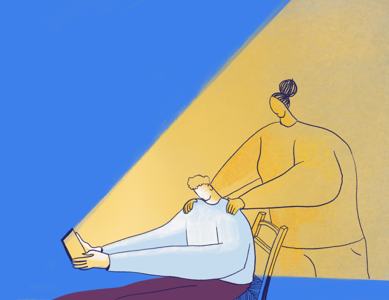 Ilustración de una persona mirando una tablet de cuya luz surge una figura que le apoya las manos en los hombros.