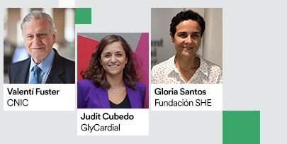 Valentí Fuster (CNIC), Judit Cubedo (GlyCardial) y Gloria Santos (Fundación SHE)